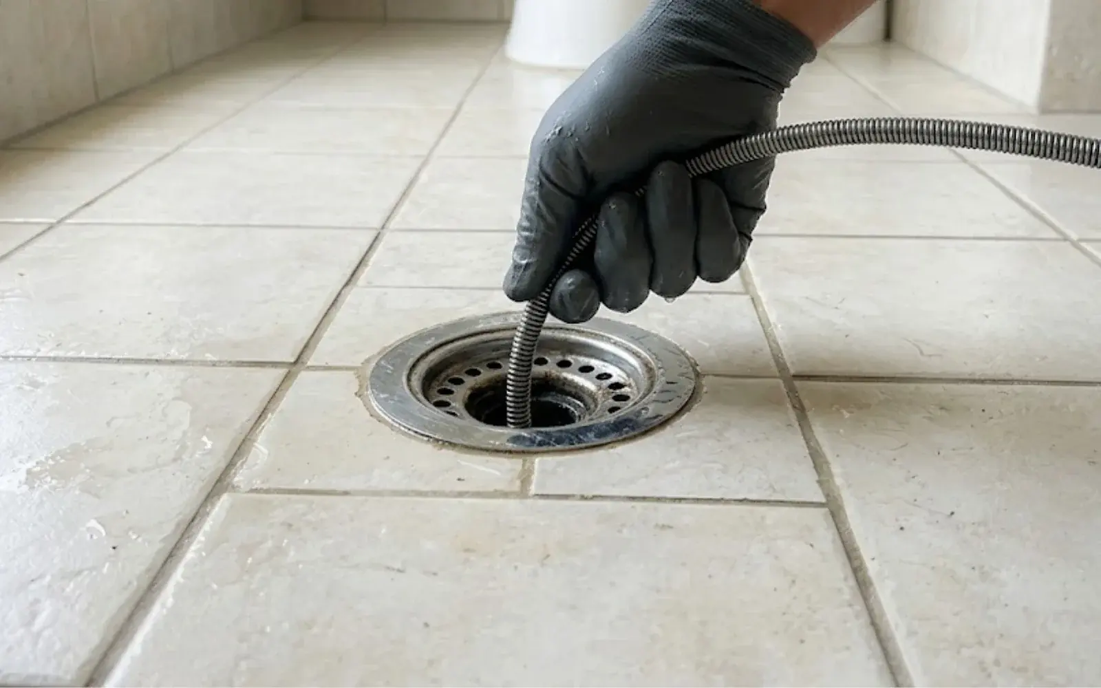 Technician feeding a drain snake into a tile floor drain