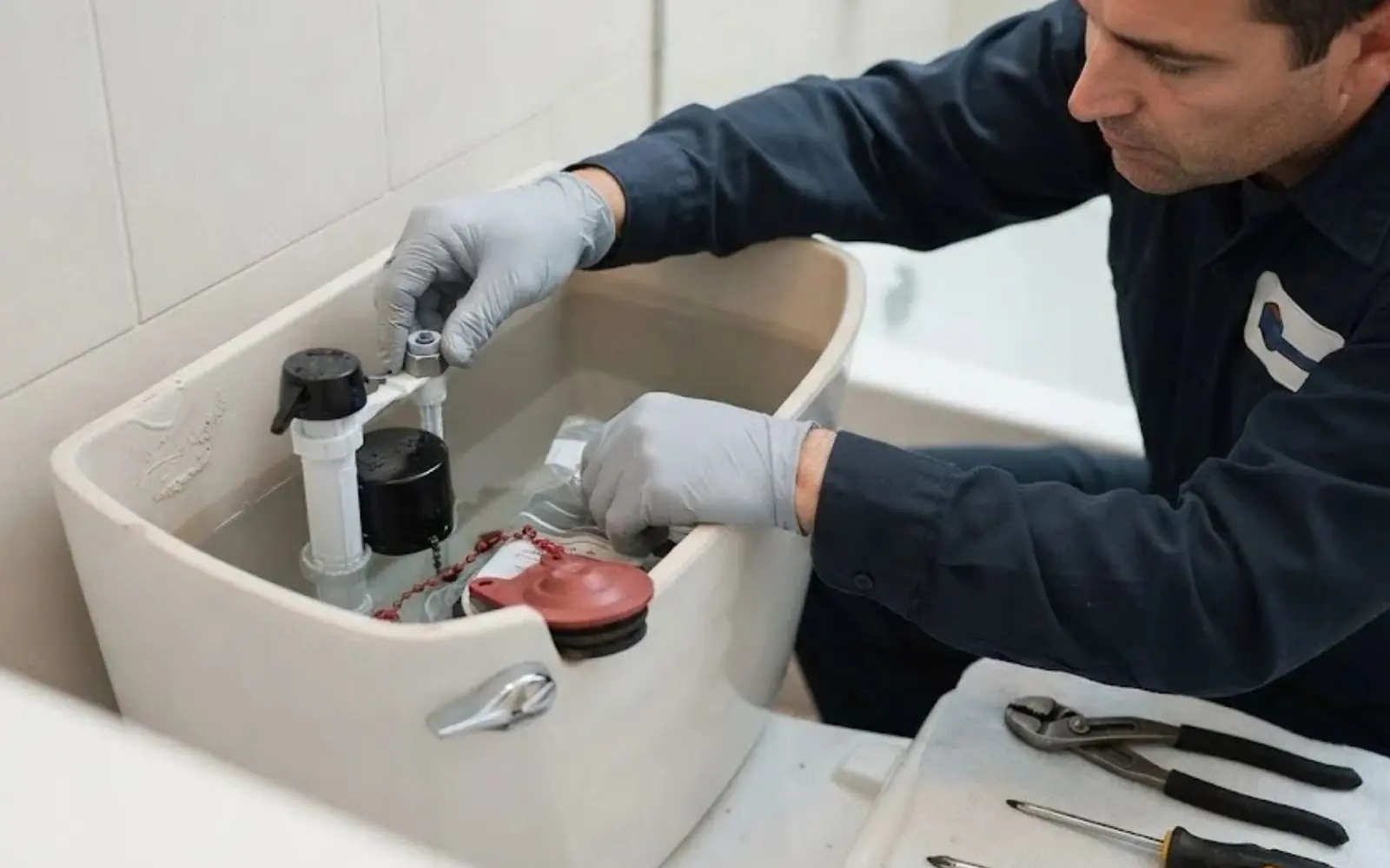 Plumber adjusting the fill valve and flapper inside a toilet tank