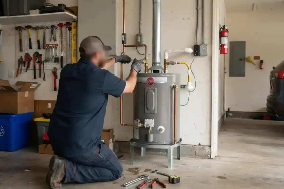 Technician connecting flexible supply lines on a new water heater