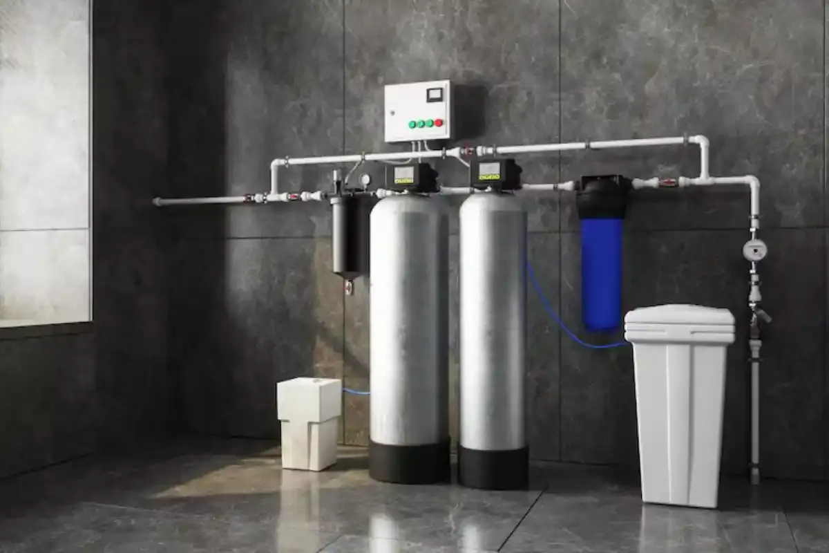 Water softener and filtration tanks installed on a utility room wall